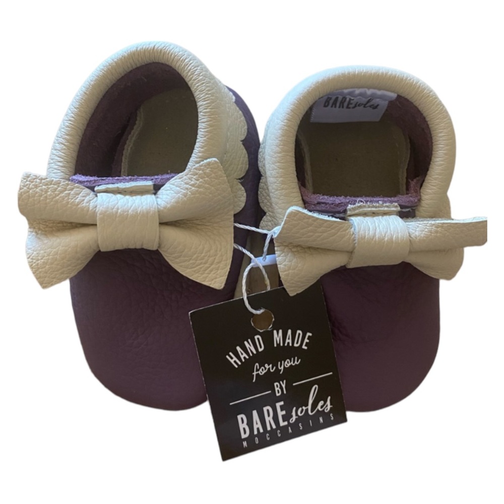 Purple and Crème Colored Leather Moccasins